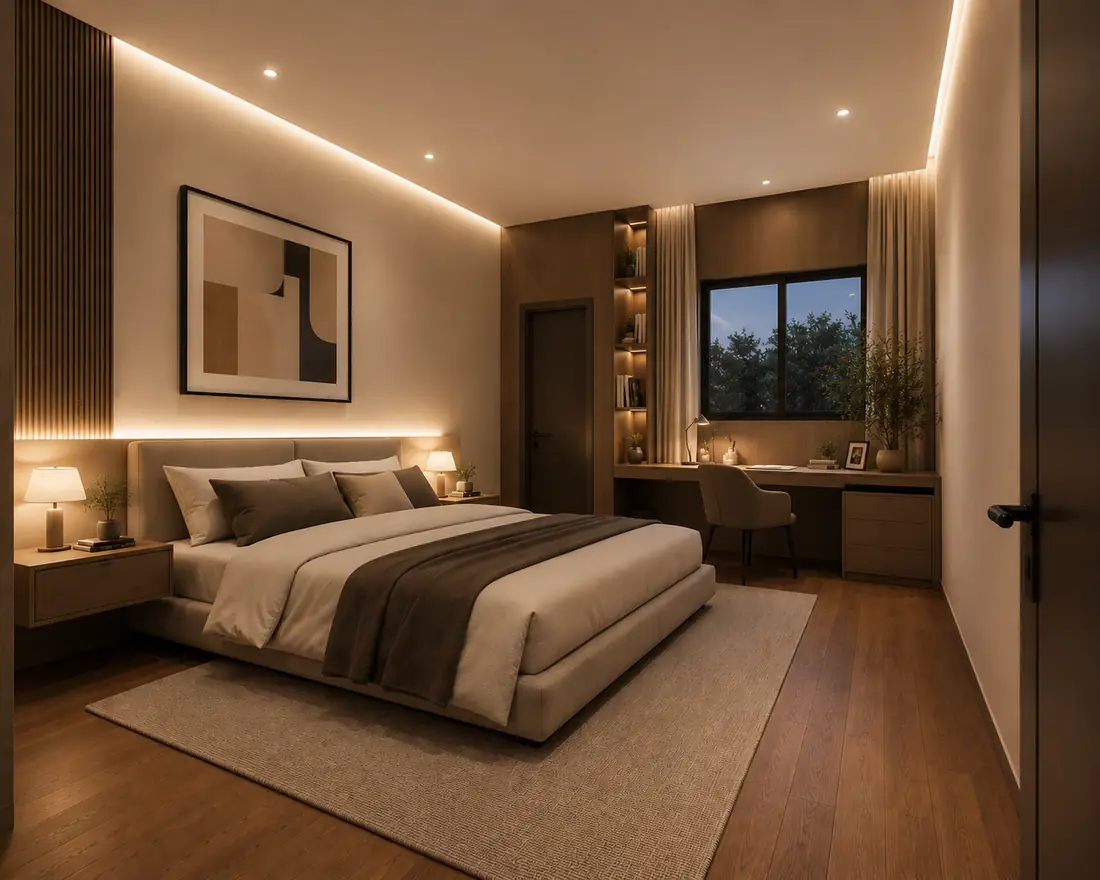 Chambre parentale avec tête de lit lumineuse et bureau intégré