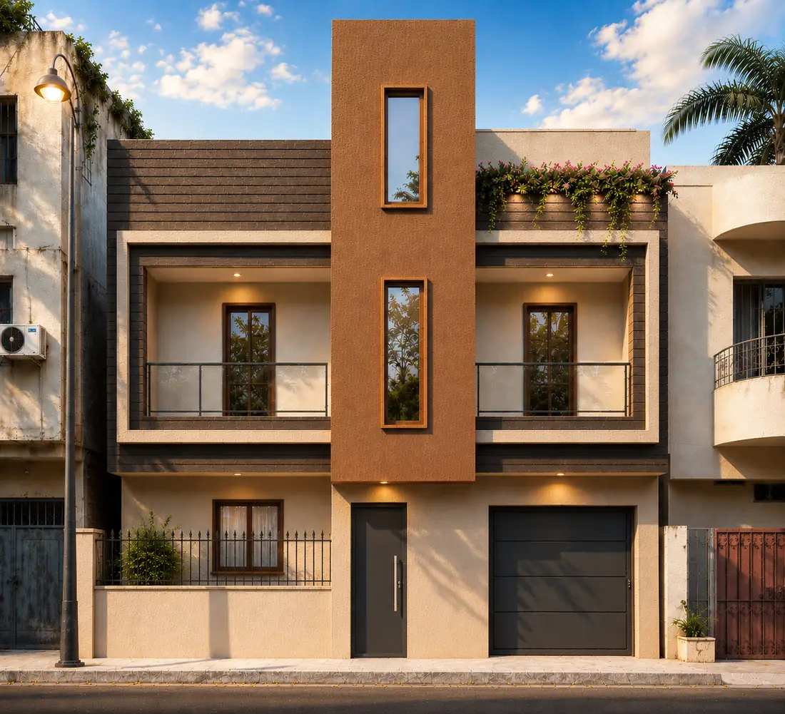 Rendu 3D de la façade d'une villa R+1 conçue par V.C.S à Thiès : volume central en enduit terre cuite, balcons vitrés et garage