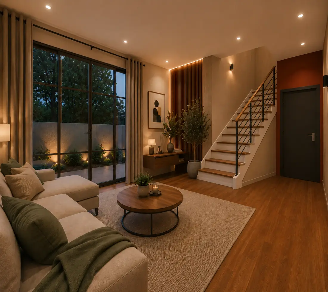 Séjour double hauteur avec baie vitrée sur jardin et escalier bois
